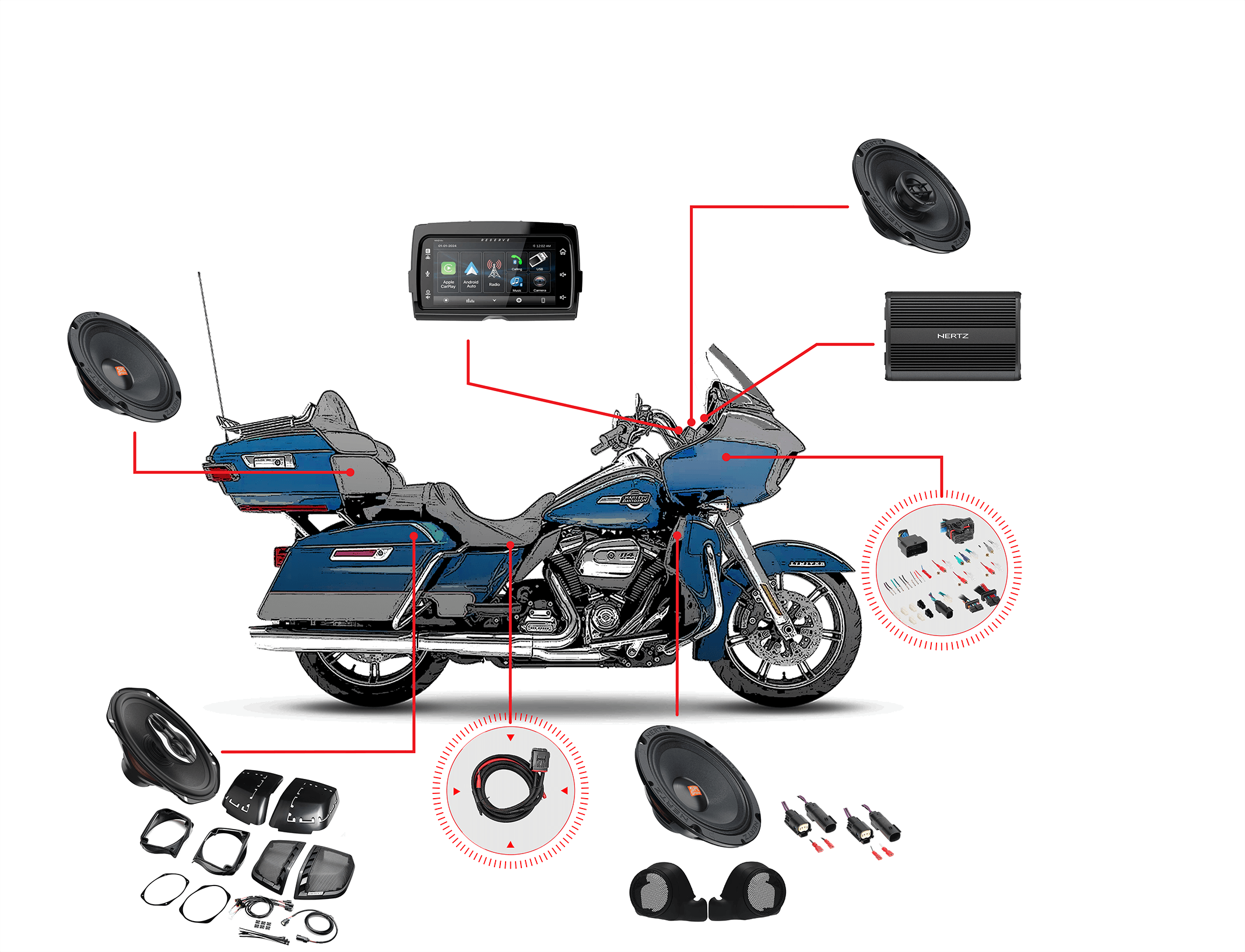 Kit de audio para Harley Davidson Road Glide Ultra Limited 2014-2023: 8 altavoces Hertz, amplificador Hertz de 1000 W, radio WHD14+