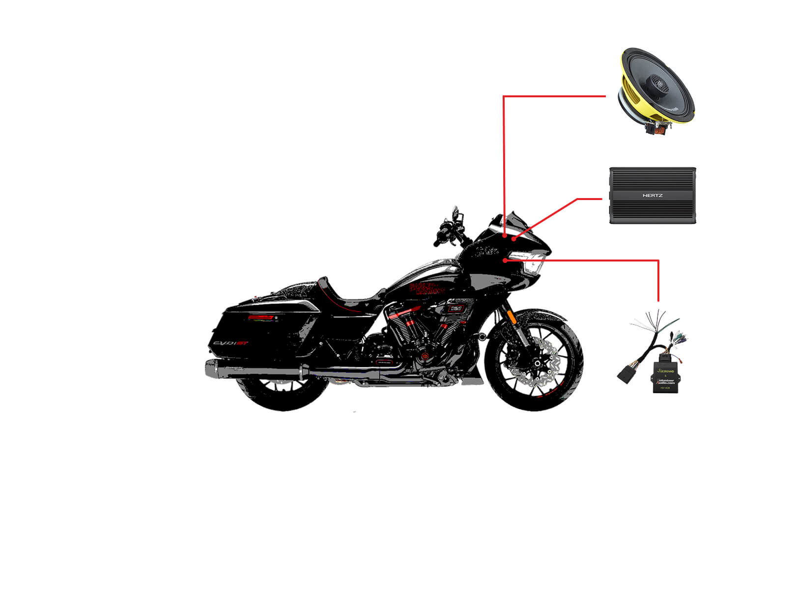 Kit de audio para motocicleta Harley Davidson Road Glide CVO ST 2024+: 2 altavoces Ground Zero, amplificador Hertz de 600 W